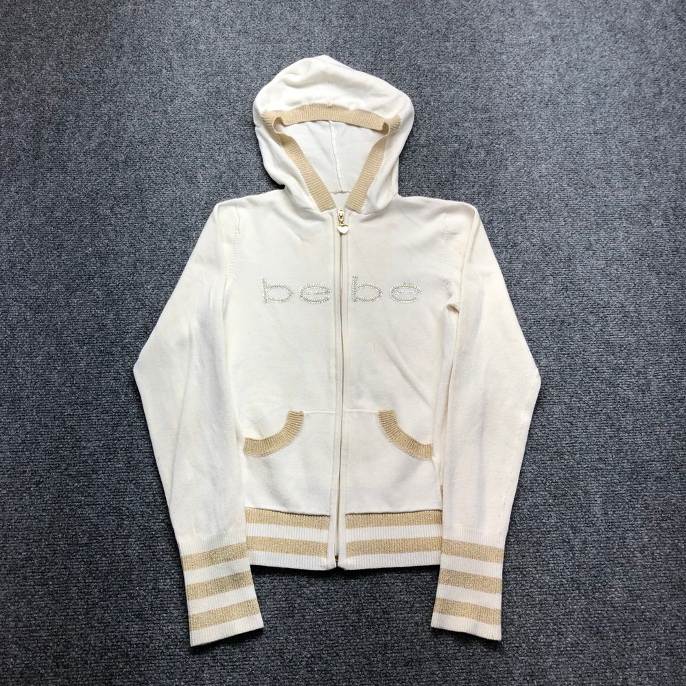 Bebe Zip Up Hoodie Cream Gold Metallic Striped Rhinestone Logo Y2K Small